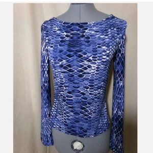 Snakeskin print Jersey T-shirt blouse XS Blue Black design Boat neck Long sleeve